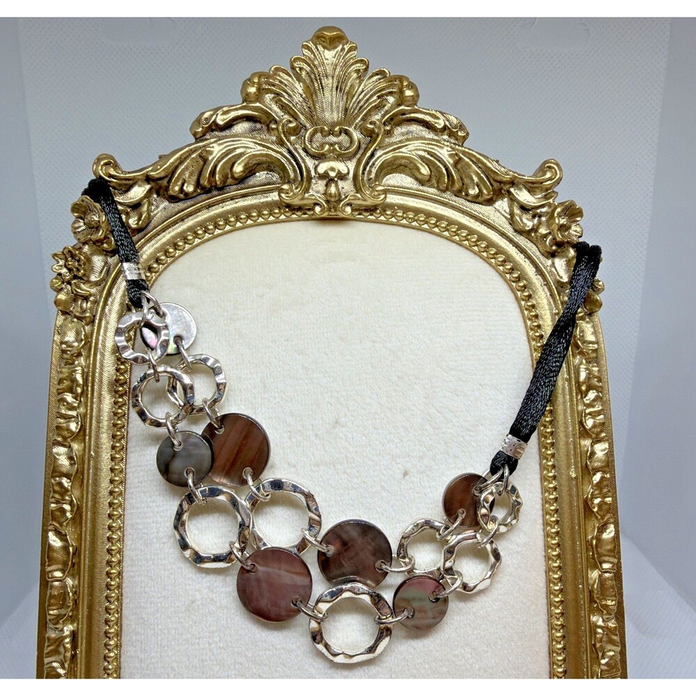 Black Mother of Pearl Shell Statement Necklace Silver Hammered Ring Bib Y2K Boho